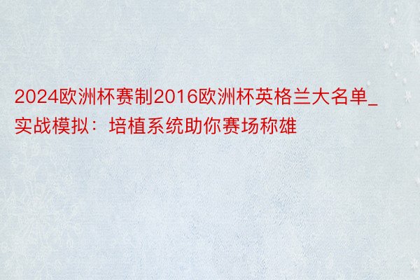 2024欧洲杯赛制2016欧洲杯英格兰大名单_实战模拟：培植系统助你赛场称雄